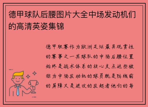 德甲球队后腰图片大全中场发动机们的高清英姿集锦
